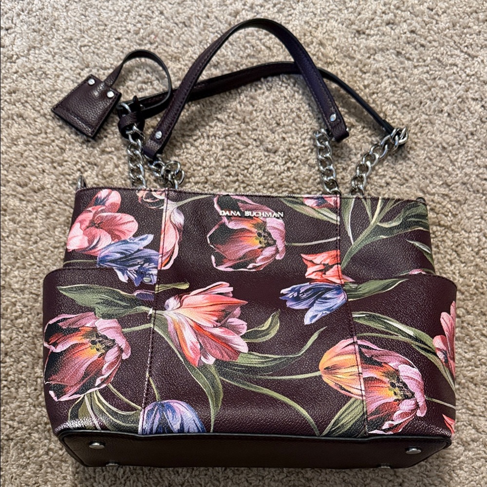 Dana Buchman Floral Shoulder Bag - Brown Burgundy and Pink w/ Matching Wallet
